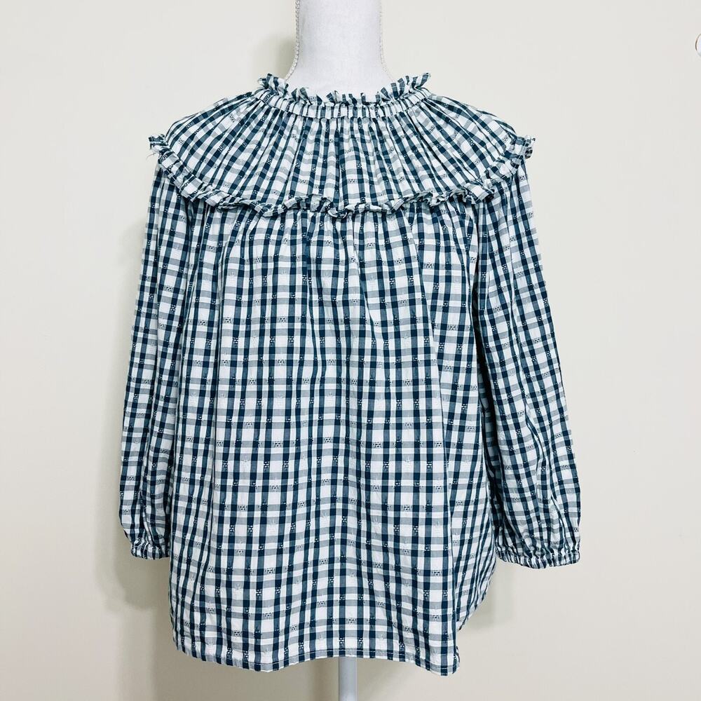 Universal Threads Blouse Teal White Gingham‎ Ruffle Long Sleeve High Neck MEDIUM